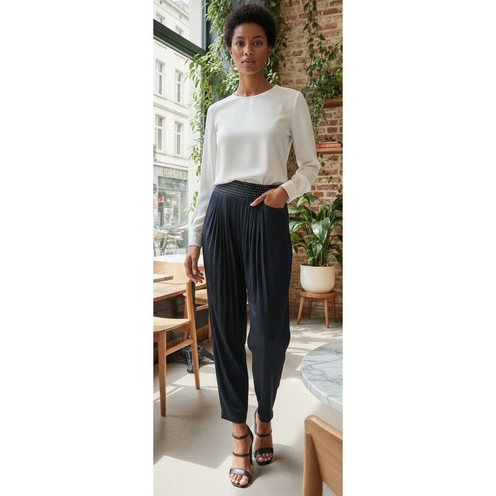 Christine David Pleated Trouser Pants Women's Size M Navy‎ Blue High Waisted USA
